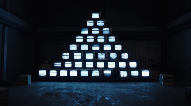Pyramid of old CRT TVs with static glow in dark warehouse. Vintage monitors show signal interference and noise. Retro electronic screens stacked high.