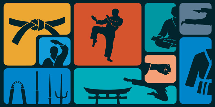 Collection of martial arts symbols and poses in a colorful graphic design.