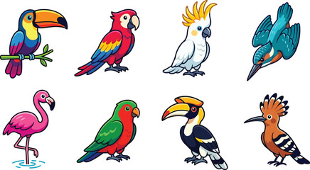Colorful Exotic Tropical Bird Cartoon Character Set with Cute Toucan, Parrot, Flamingo, Cockatoo, and Hornbill Illustrations for Wildlife and Nature Graphic Designs © MstRozinaAkter