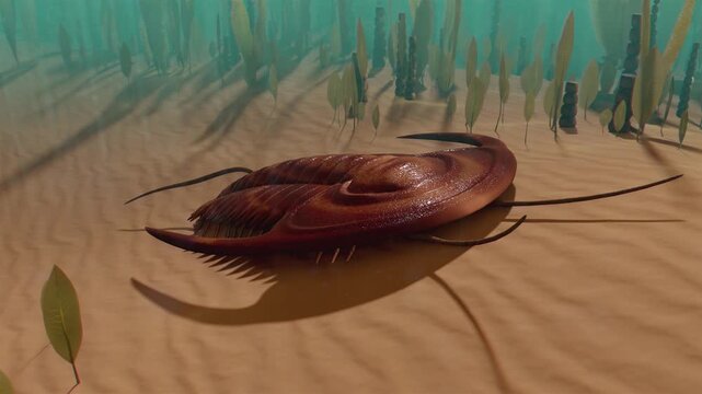 3D animation of a prehistoric trilobite crawling on the ocean floor. Extinct marine arthropod in its natural Paleozoic habitat with underwater plants and sunlight rays. Realistic scientific CGI