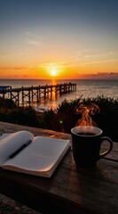 Fototapeta premium Hot coffee mug and open notebook with pen sit on wooden table near ocean. Sunrise over sea with pier visible in distance. Early morning calm inspires creative thought and quiet contemplation.