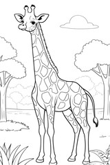 Fototapeta premium Cute Giraffe in African Savanna Coloring Page for Kids, Simple Black and White Outline Illustration