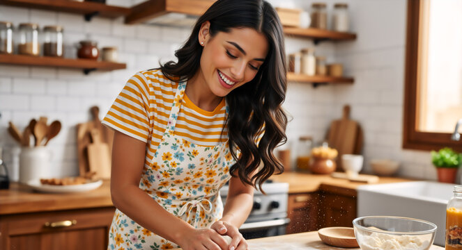Smiling young woman kneading dough on a wooden counter in a kitchen. Female baker wearing a floral apron preparing homemade bread or pastry
