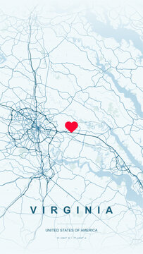 Modern minimalist vector map of Virginia, USA. High-quality scalable illustration of Virginia state borders, Chesapeake Bay, Blue Ridge Mountains, and Richmond city grid for posters and design.