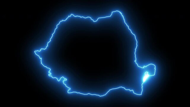 Glowing neon map of romania outline animation on black background, border