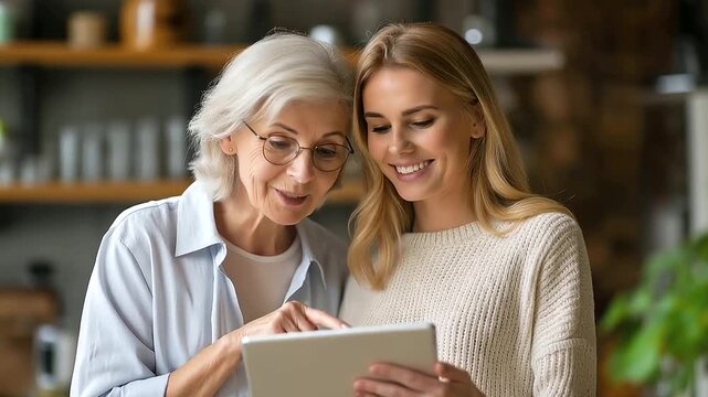 Faceless adult daughter and senior mother spending time with a tablet indoors with the young woman helping the mature mom learn to use a device in a technology support concept.
