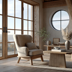 Fototapeta premium Light-filled Scandinavian room with floor-to-ceiling windows and porthole design detail