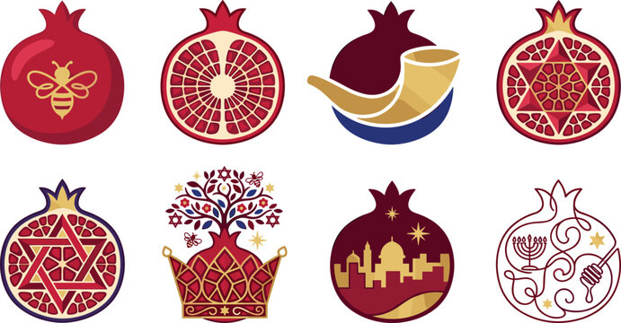 Rosh Hashanah Jewish New Year Icon Set with Traditional Pomegranate, Shofar, Star of David, Honey Bee, and Jerusalem Holiday Symbols for Festive Graphic Design