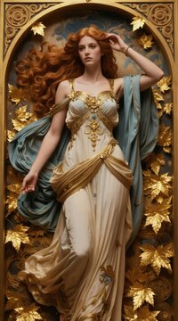 Elegant red haired woman in golden ornate dress embodies Fortuna goddess of luck and destiny. Gold maple leaves frame her regal pose. She symbolizes wealth and fate.
