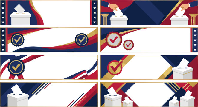 USA Presidential Election Voting Banner Set with Ballot Box, Hand Casting Vote, Checkmark Seals, and Patriotic American Flag Colors for Campaign Header Designs