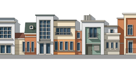 Modern Townhouse Facades: Diverse Architectural Styles in a Row © Fenda