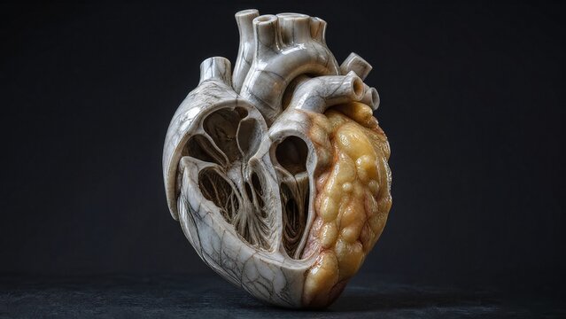 A marble-sculpted human heart cross-section with a glossy, fatty texture encroaching on one side.