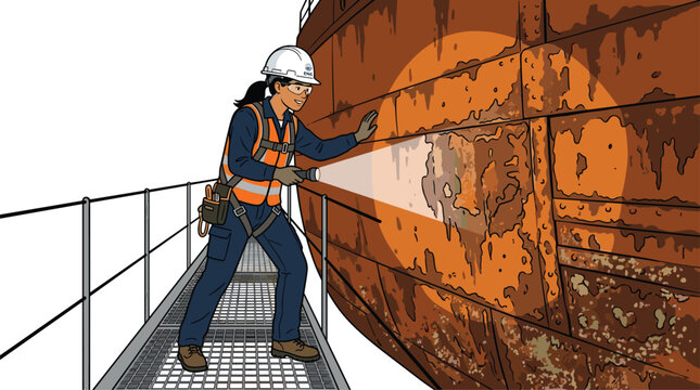 A safety inspector wearing a hard hat and high-visibility vest uses a flashlight to examine significant rust damage on a weathered ship hull surface.
