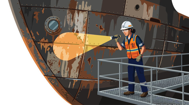 An industrial technician wearing protective gear inspects a circular porthole and rusted metal rivets on a large dark ship hull using a powerful handheld flashlight.