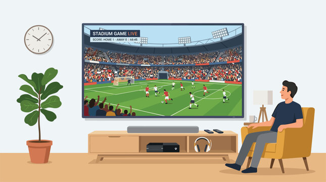 Man watches live soccer match on large TV screen in a modern living room with plant and lamp.