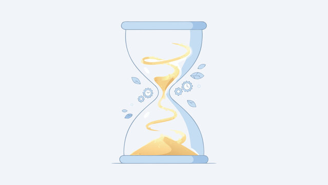 Conceptual Flat Vector Illustration of a Large Hourglass with Golden Sand Flowing Upwards in a Spiral, Symbolizing Reversing Time, Anti-Aging, Rejuvenation, and Time Management with Gear Icons.