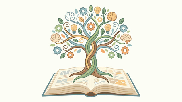 Stylized Tree of Knowledge Growing from an Open Book with Brains, Gears, and Light Bulbs, Representing Education, Personal Growth, Creative Thinking, Innovation, and Lifelong Learning Concept.