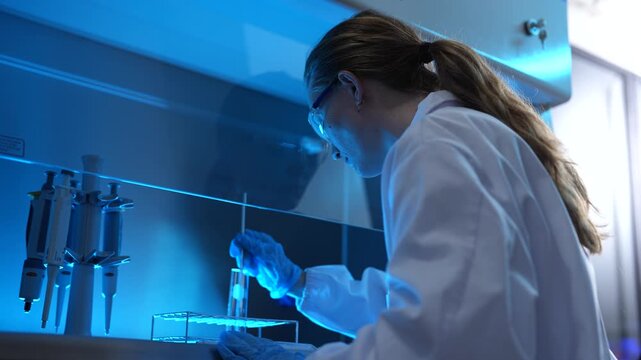 Biomedical scientist using pipette to extract blue fluid sample, vaccine development and biotechnology research.