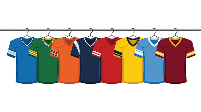 A series of vibrant athletic team jerseys are suspended on a simple metal horizontal bar to create an orderly showcase of sports apparel and uniform design styles.
