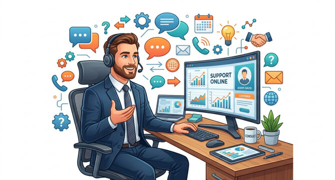 Cartoon businessman client communication and support service vector illustration isolated on white background