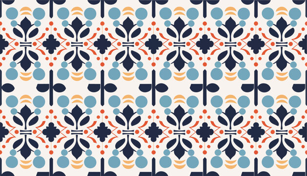 Navy botanical petals framed by coral quatrefoil tile arrangements beautifully