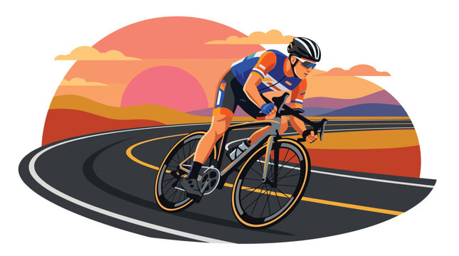 Professional cyclist in colorful racing kit riding a bicycle on a winding road during a vibrant sunset.