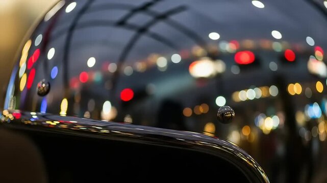 Shiny motorcycle helmet visor reflecting vibrant city lights at night.