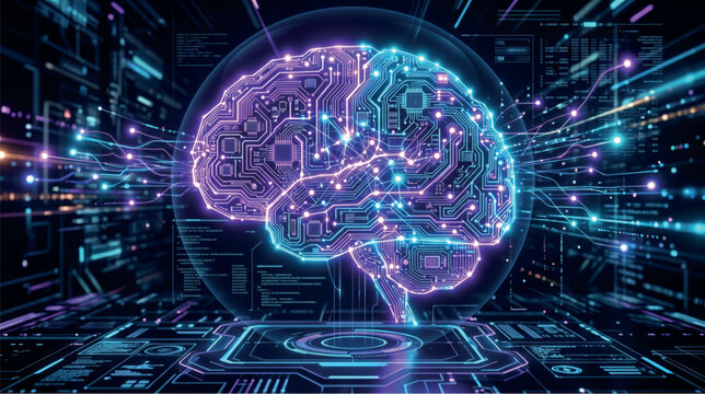 Artificial Intelligence Concept Digital Brain Circuit Board on Futuristic HUD Interface