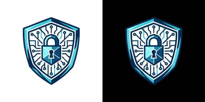 Vibrant blue digital shield icon featuring a central padlock and intricate circuit board design, symbolizing robust cybersecurity, data protection, and online privacy