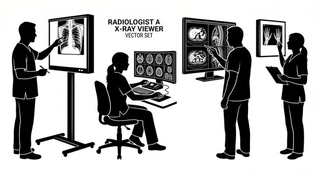 Radiologists analyzing x-rays and scans with modern medical equipment, x ray