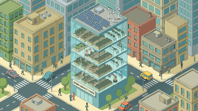 Isometric vector illustration of a vertical farming building called Urban Harvest Tower in a sustainable city, featuring solar panels, wind turbines, robotic arms, and indoor crop cultivation.