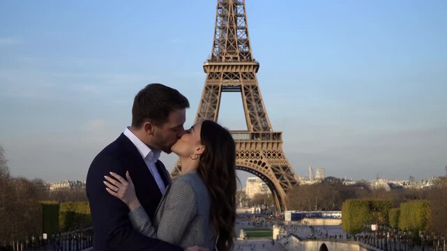 Candid Shot Capturing Tenderness And Laughter Between Partners Against Paris Skyline At Dusk