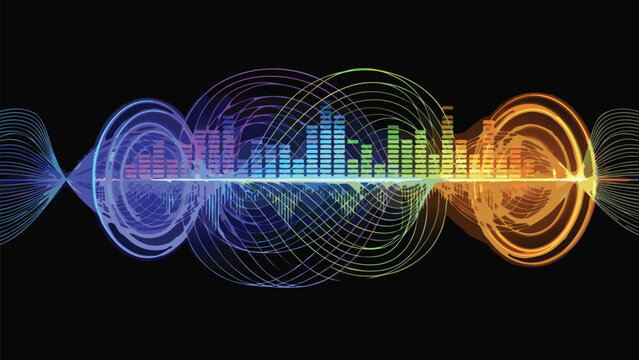 Abstract Sound Wave Background with Music and Audio Equalizer Visualization, Neon Glowing Frequency Spectrum, Digital Signal Processing, Electronic Dance Music Vibes, Audio Waveform Vector.