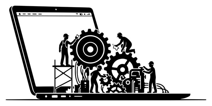 Laptop technical support and maintenance team working on mechanical gears silhouette concept
