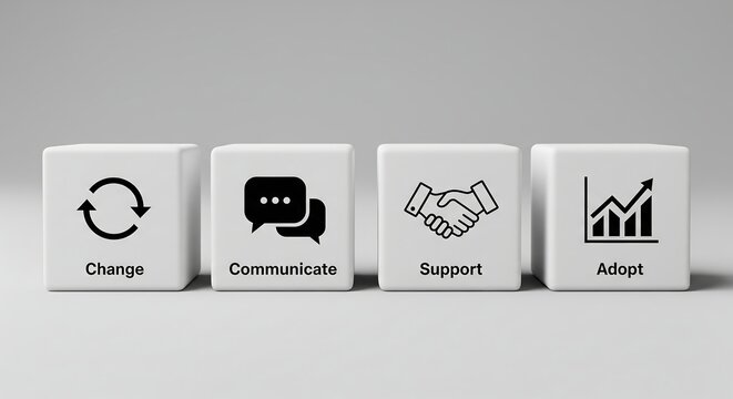 Four white cubes with icons representing change, communication, support, and adoption in a business context.