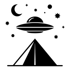 Flying saucer UFO hovering over a desert pyramid under the crescent moon and stars in minimalist geometric style © Camel