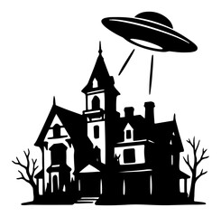 Haunted victorian house being scanned by a flying saucer ufo in minimalist silhouette style © Camel