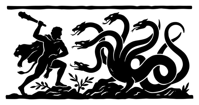 Hercules fighting the multi headed hydra monster with a club in ancient greek mythology engraving style