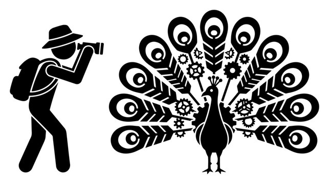 Explorer observing a mechanical peacock with gear feathers through binoculars in minimalist silhouette style