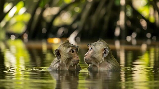 Two monkeys swimming in a river