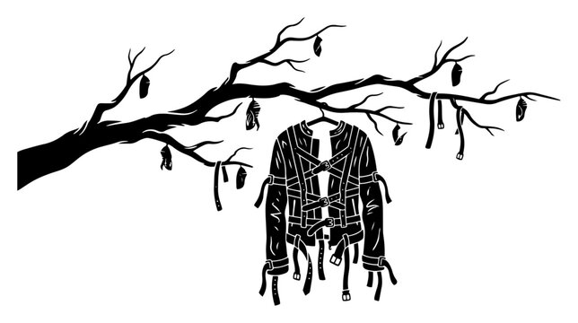 Straitjacket hanging from a dry tree branch with cocoons in symbolic graphic style