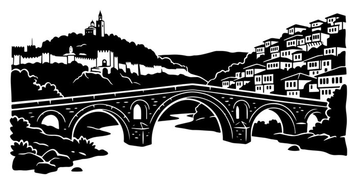 Stone arch bridge spanning across a river with a scenic hillside town and medieval castle in silhouette style