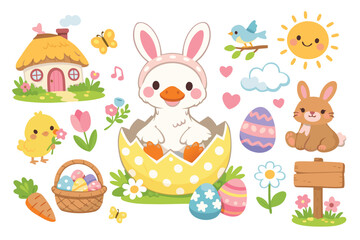 Fototapeta premium Cute pastel colored silly easter goose wearing bunny ears sitting inside a cracked egg shell vector illustration set in a whimsical cottage garden with spring flowers and hand drawn charm.