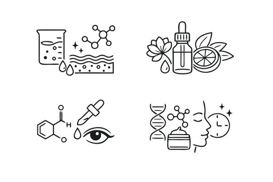 Professional Set of Vector Cosmetic Formula Icons Featuring Exfoliating Acids Essential Oils Retinaldehyde and Anti-Aging Skincare Ingredients for Modern Beauty Product Packaging and Label Design