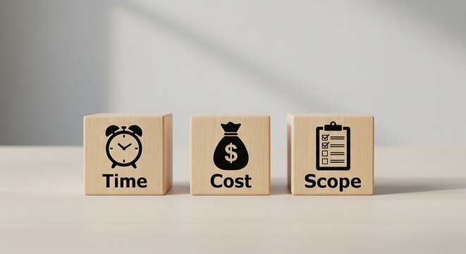 Three wooden blocks representing the project management constraints of time, cost, and scope, each with an icon and label.