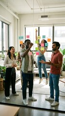 Fototapeta premium Young diverse business team actively brainstorming ideas with sticky notes