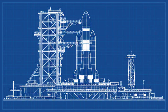 Intricate technical blueprint of a giant space rocket on a launchpad with a complex gantry structure featuring detailed engineering schematics for advanced aerospace technology and space travel.
