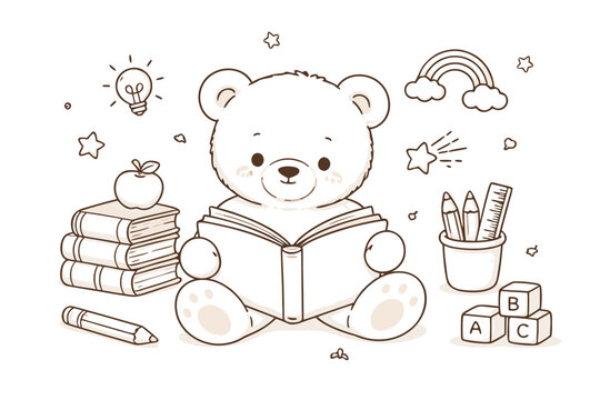 Cute Hand Drawn Line Art Illustration of a Teddy Bear Reading a Book for Childrens Education Literacy and Storytelling Projects Minimalist Vector Sketch for Kids Coloring Books and Nursery Art