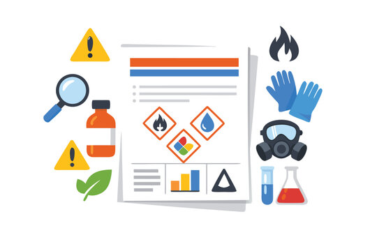 Professional SDS Safety Data Sheet Document in Flat Vector Design Style on a Clean White Background Featuring Information Symbols and Compliance Layout for Industrial Health and Safety Management