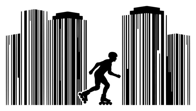 Person rollerblading between city skyscrapers shaped like barcodes in conceptual silhouette style